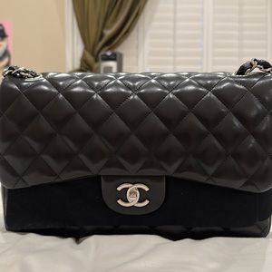 Chanel Large Classic Handbag (Black Lambskin with Silver Hardware)